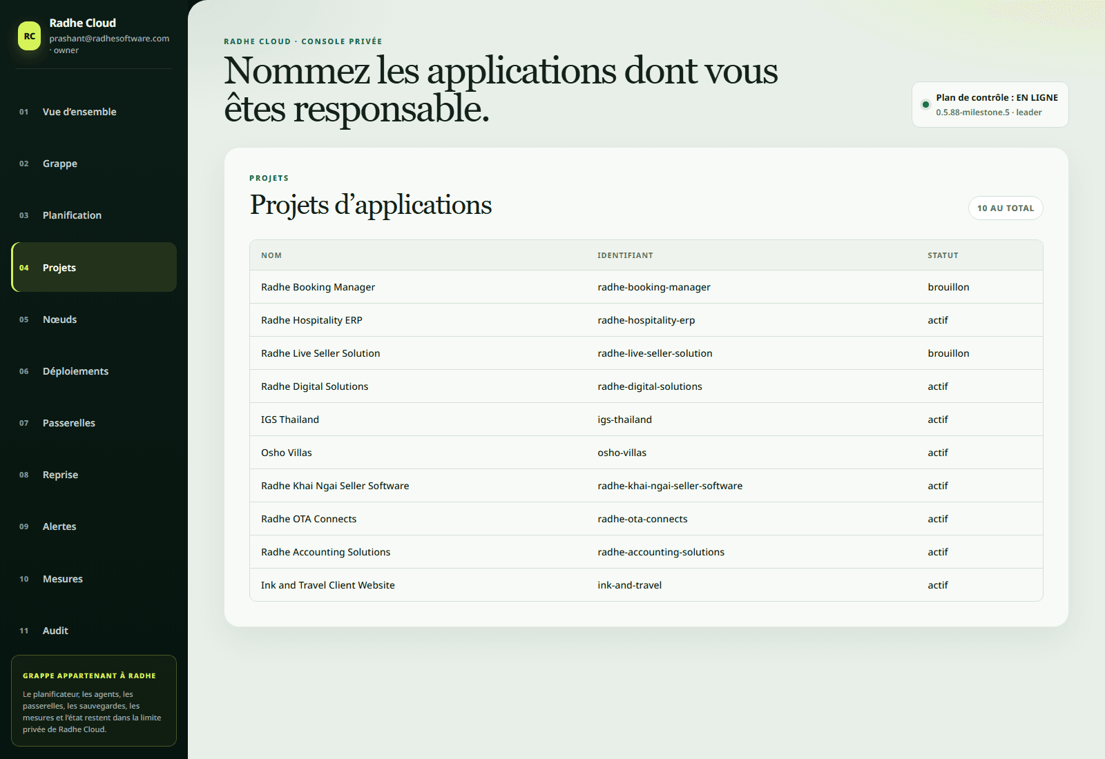 Liste des applications Radhe Cloud