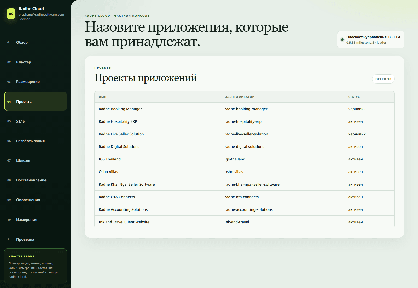 Список приложений Radhe Cloud