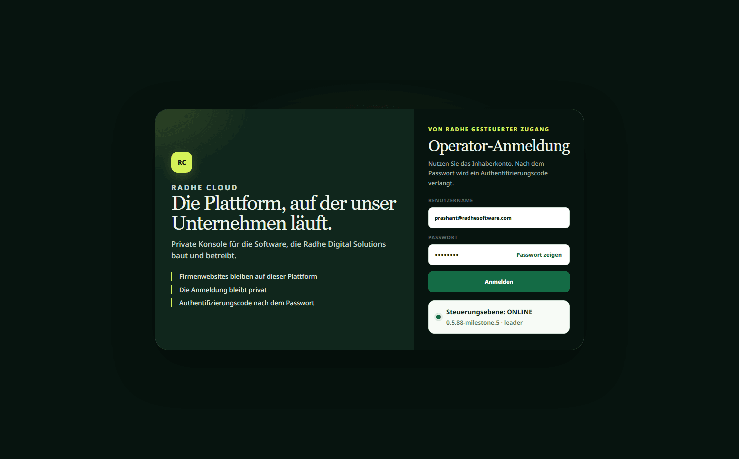 Private Anmeldung der Radhe Cloud Konsole