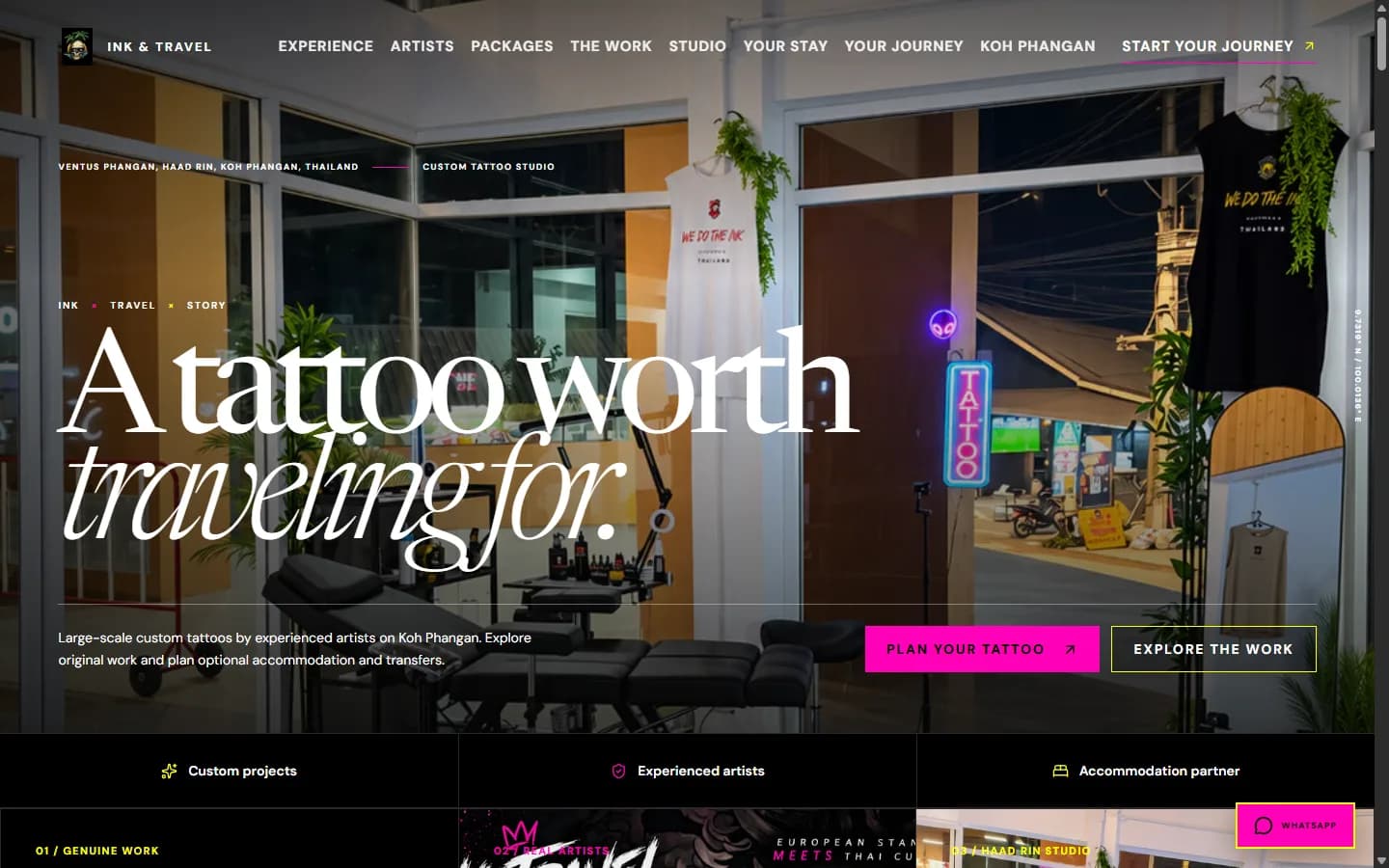 Screenshot of the delivered Ink & Travel custom tattoo studio website