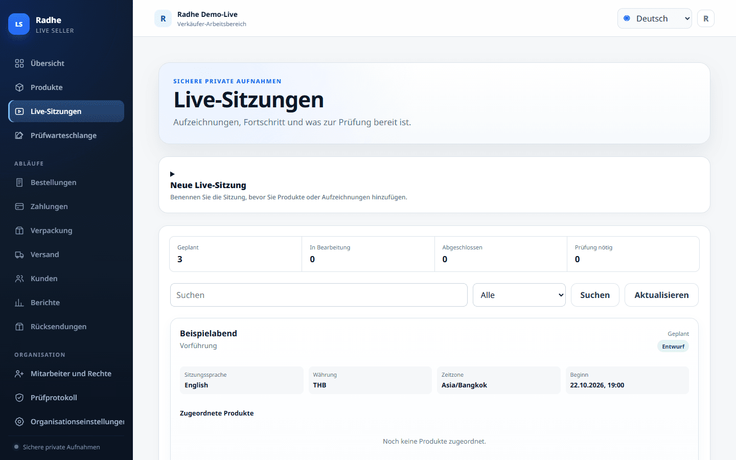 Live-Sitzungen ist der Upload-Ort. Sicheren Upload starten hält die eigene Aufnahme privat bei dieser Sitzung.