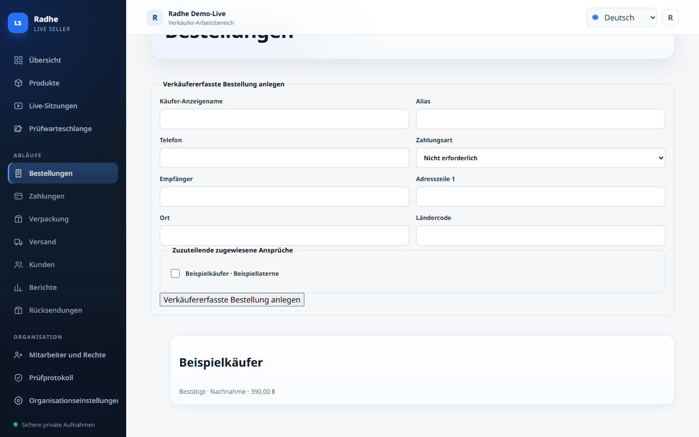 Bestellungen zeigen bestätigt, unbezahlt, gepackt und auf der Warteliste in einer Liste.