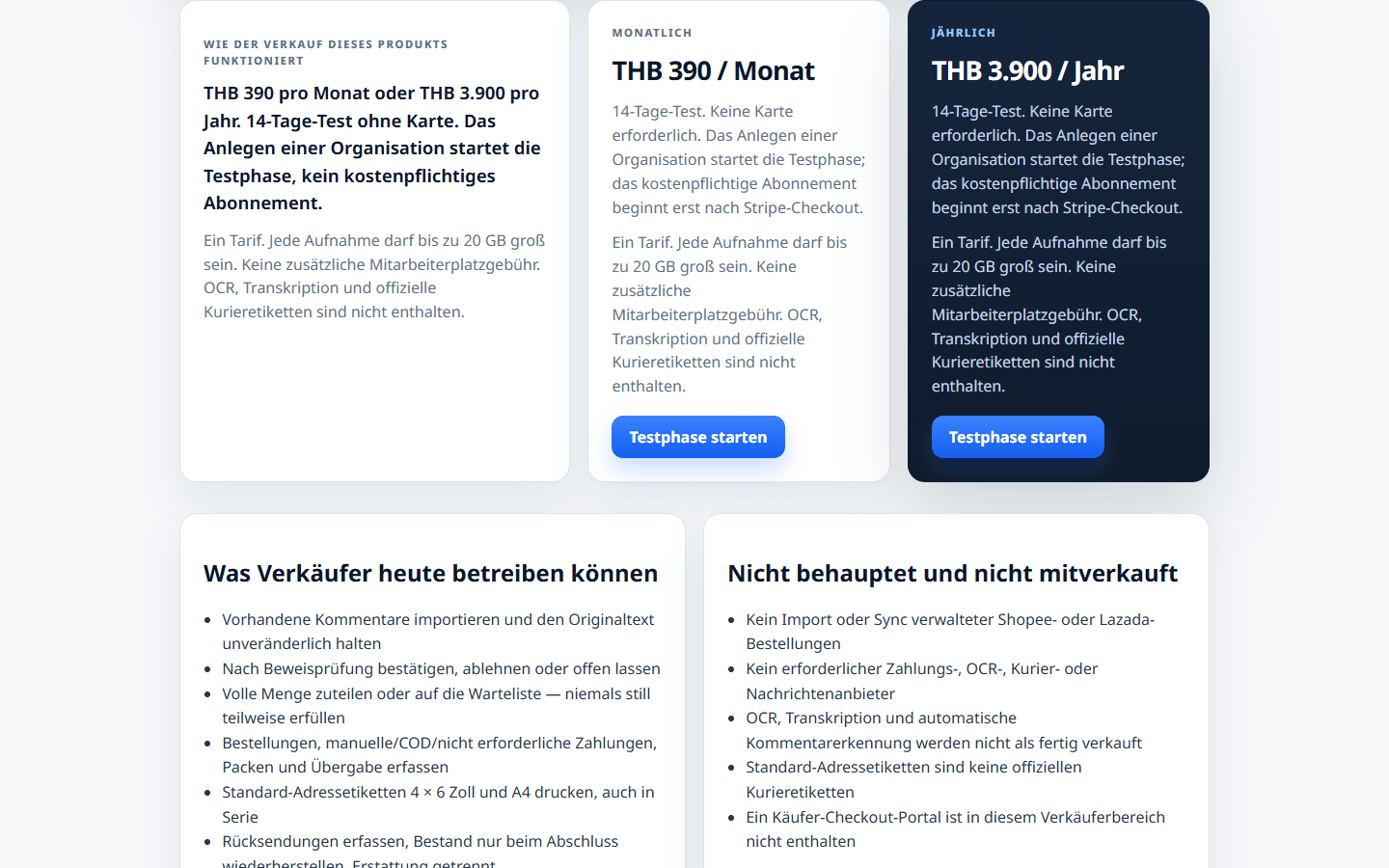 THB 390 / Monat oder THB 3.900 / Jahr. 14-Tage-Test. Eine Organisation anzulegen startet kein kostenpflichtiges Abo.