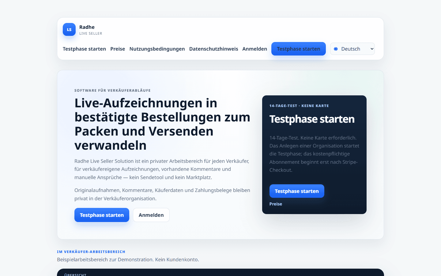 Produkthome mit Live-Preisen sowie Beispiel-Dashboard, Katalog und Packvorschau.