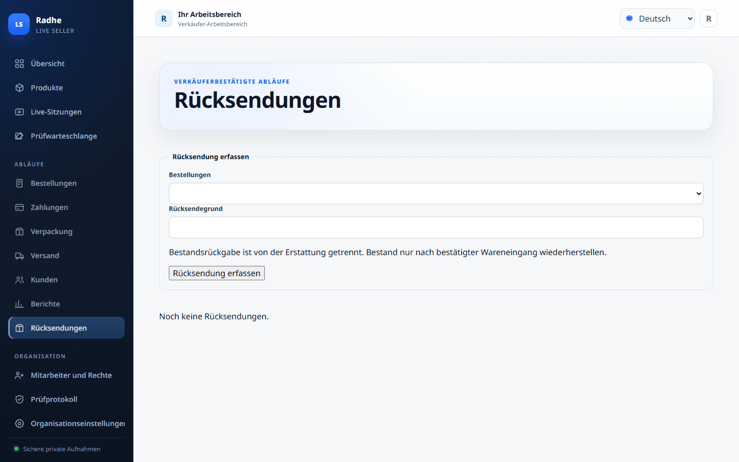 Retouren starten von einer versendeten Bestellung. Bestandsrückbuchung und Erstattung bleiben getrennte Aktionen.