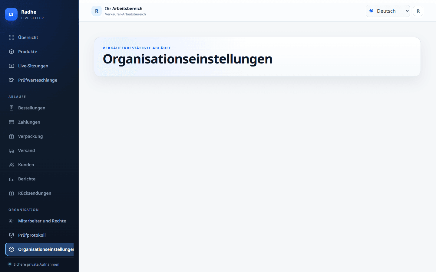 Sprache, Währung und Zeitzone der Organisation bleiben im Verkäufer-Arbeitsbereich.