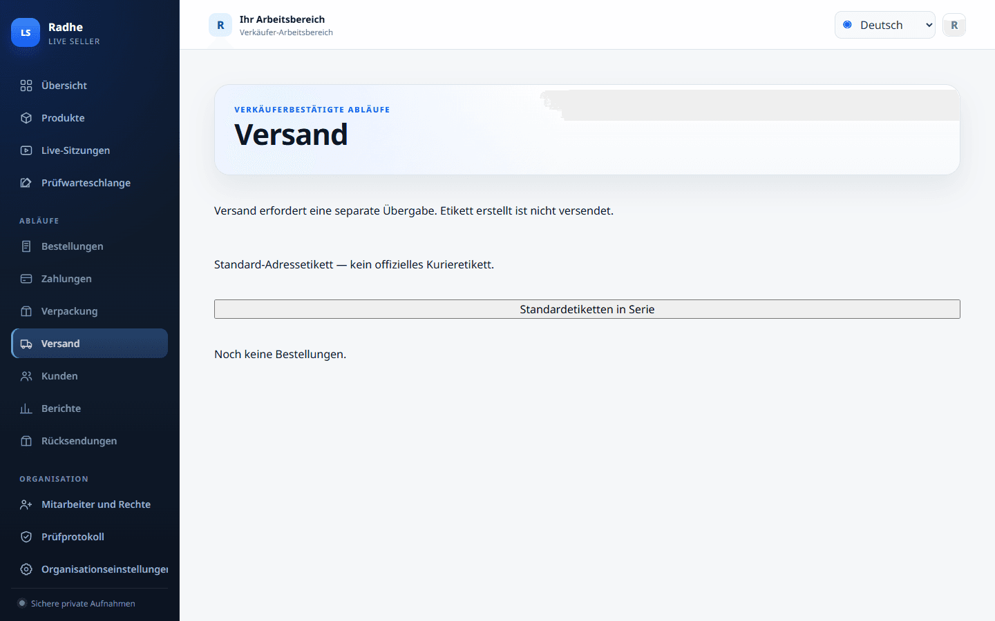 Versand ist eine separate Übergabe. Etikett erstellt ist niemals Versendet.