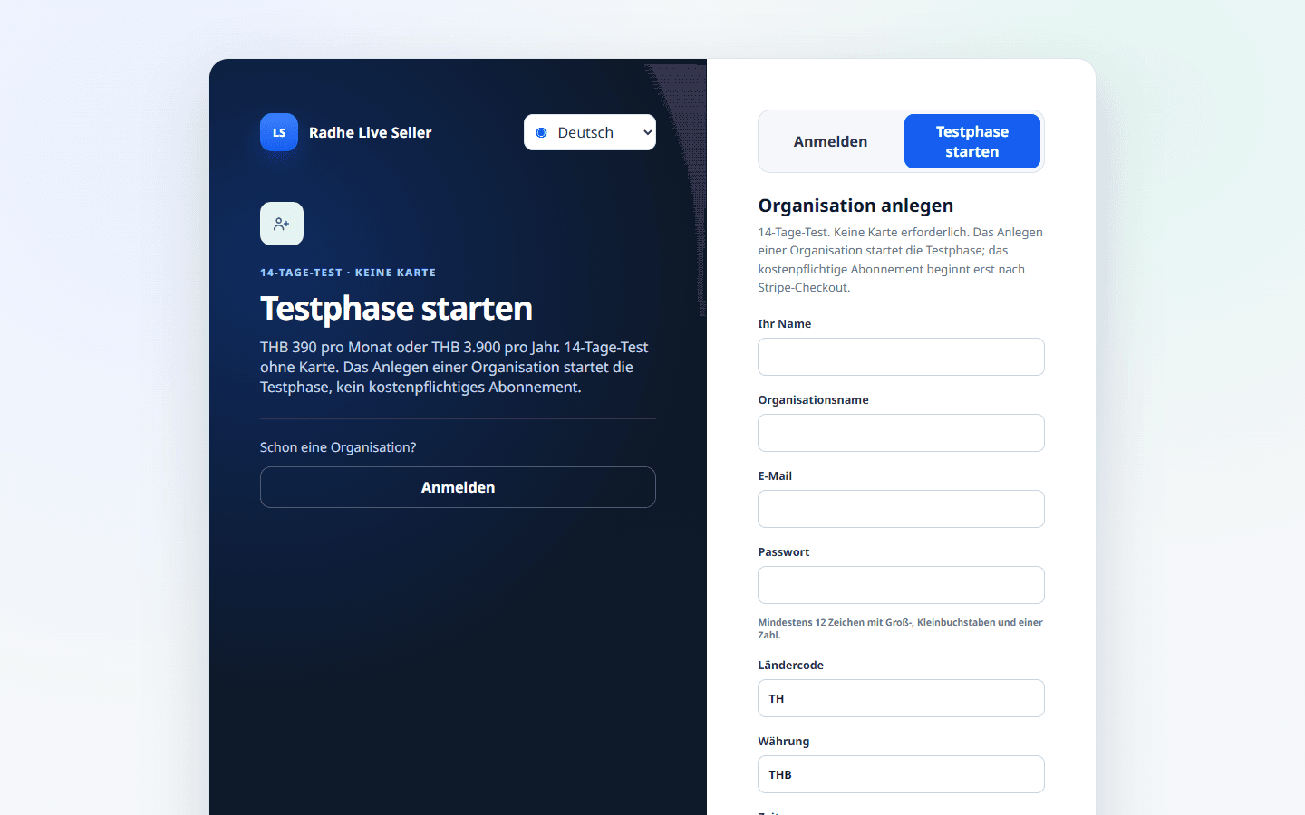 Eine Verkäuferorganisation anlegen. Das startet kein kostenpflichtiges Abo.