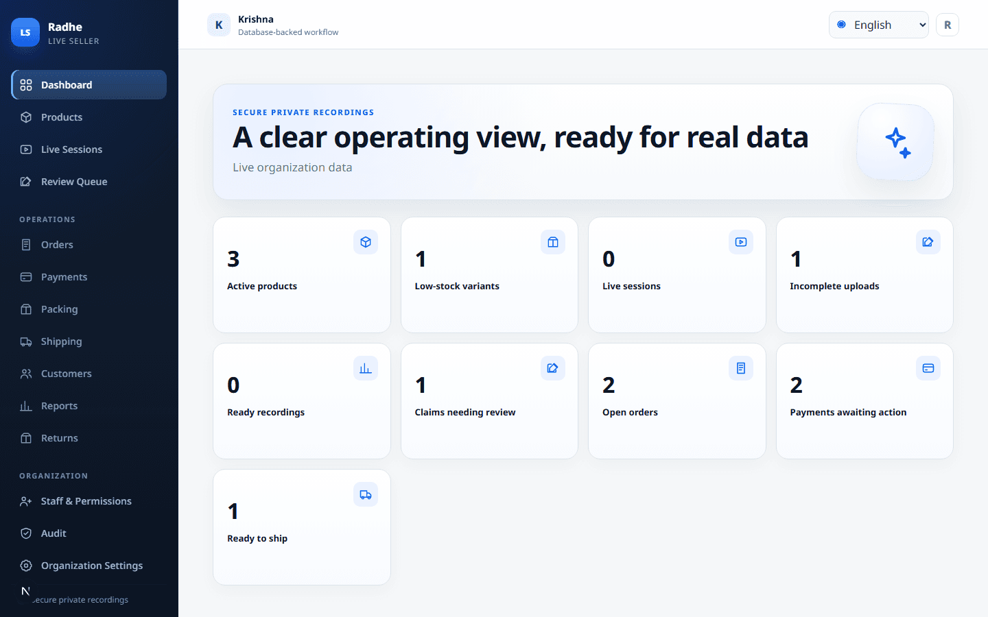 Operational dashboard: open orders, review, ready-to-pack, unpaid.