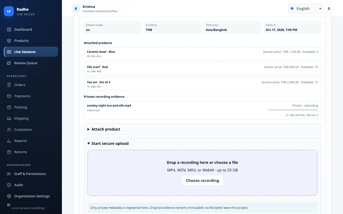 Live Sessions is the upload place. Start secure upload keeps the owned recording private to that session.