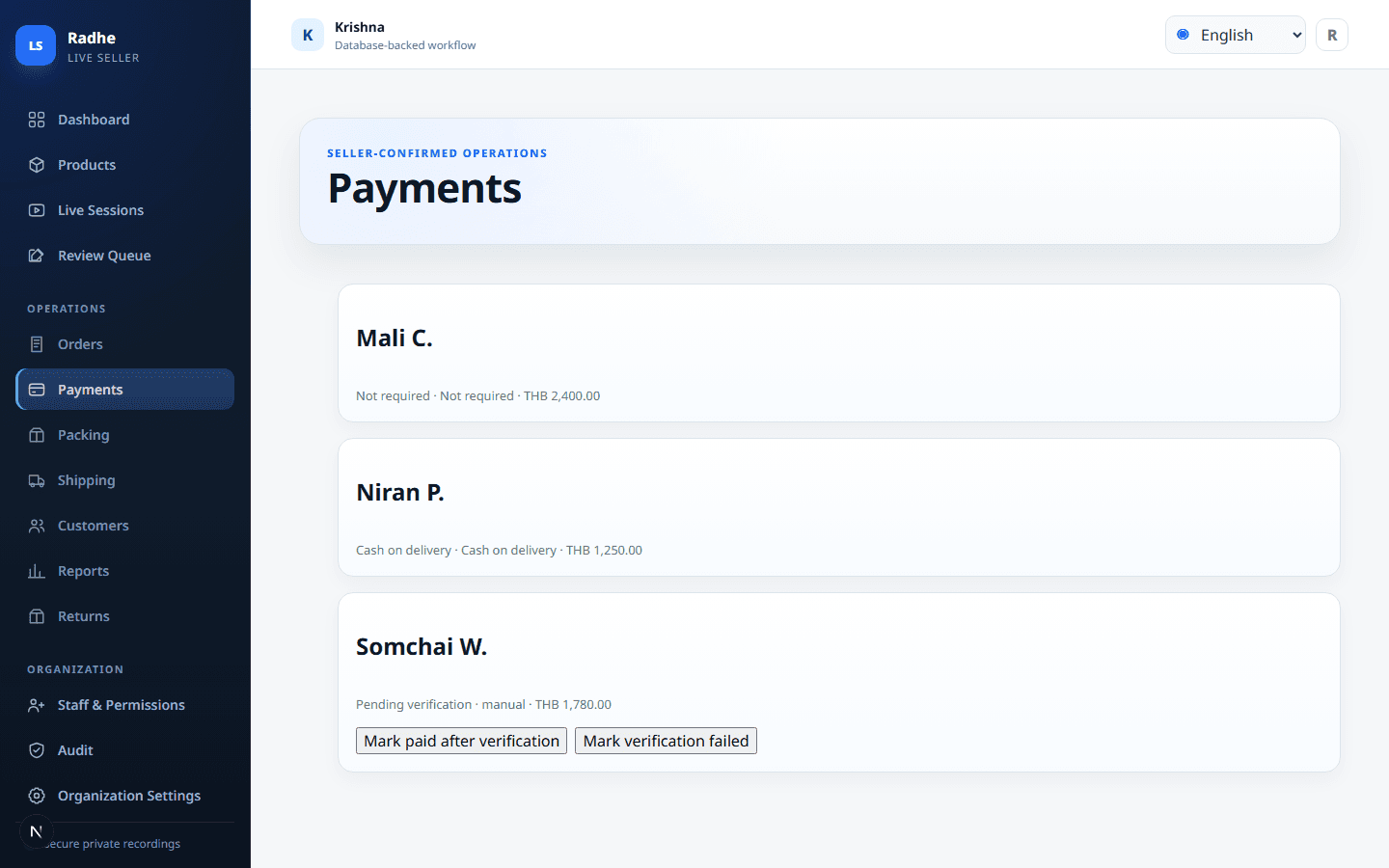 Payments stay on the order. Manual transfer, COD, or not required — unpaid is visible before packing.