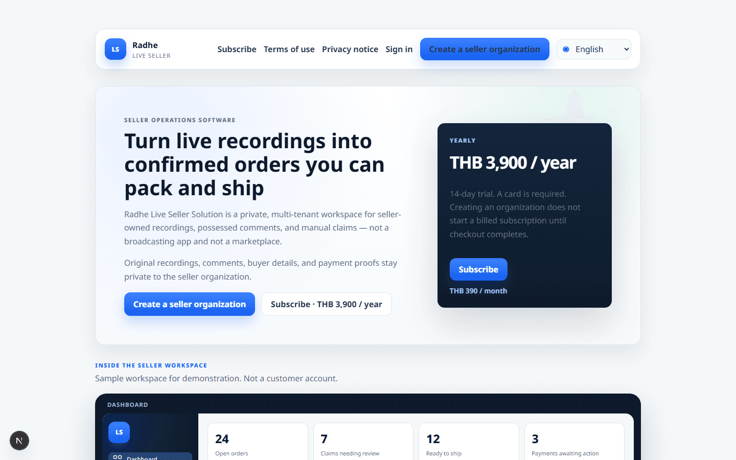Product home with live pricing and a sample dashboard, catalog, and packing preview.