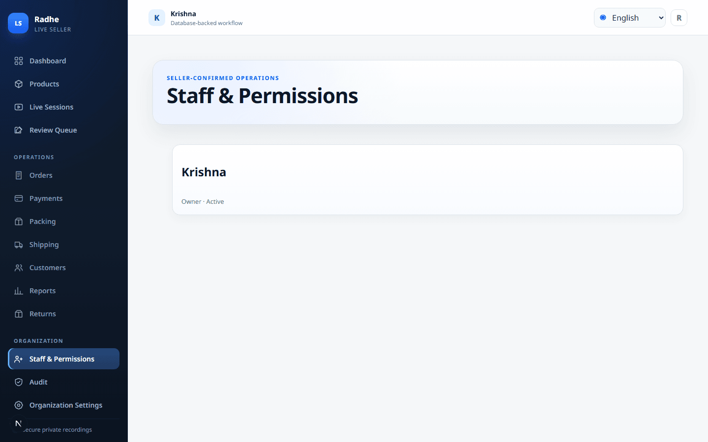 Staff and permissions keep review, packing, and dispatch on least privilege.