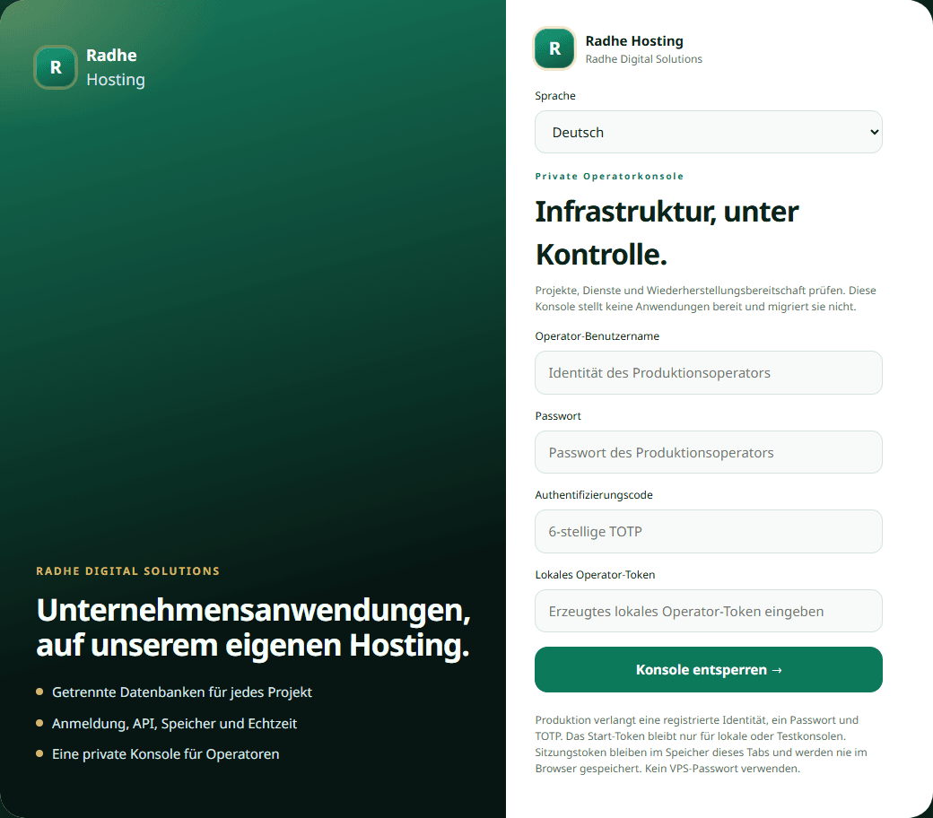 Anmeldung der privaten Operatorkonsole von Radhe Hosting