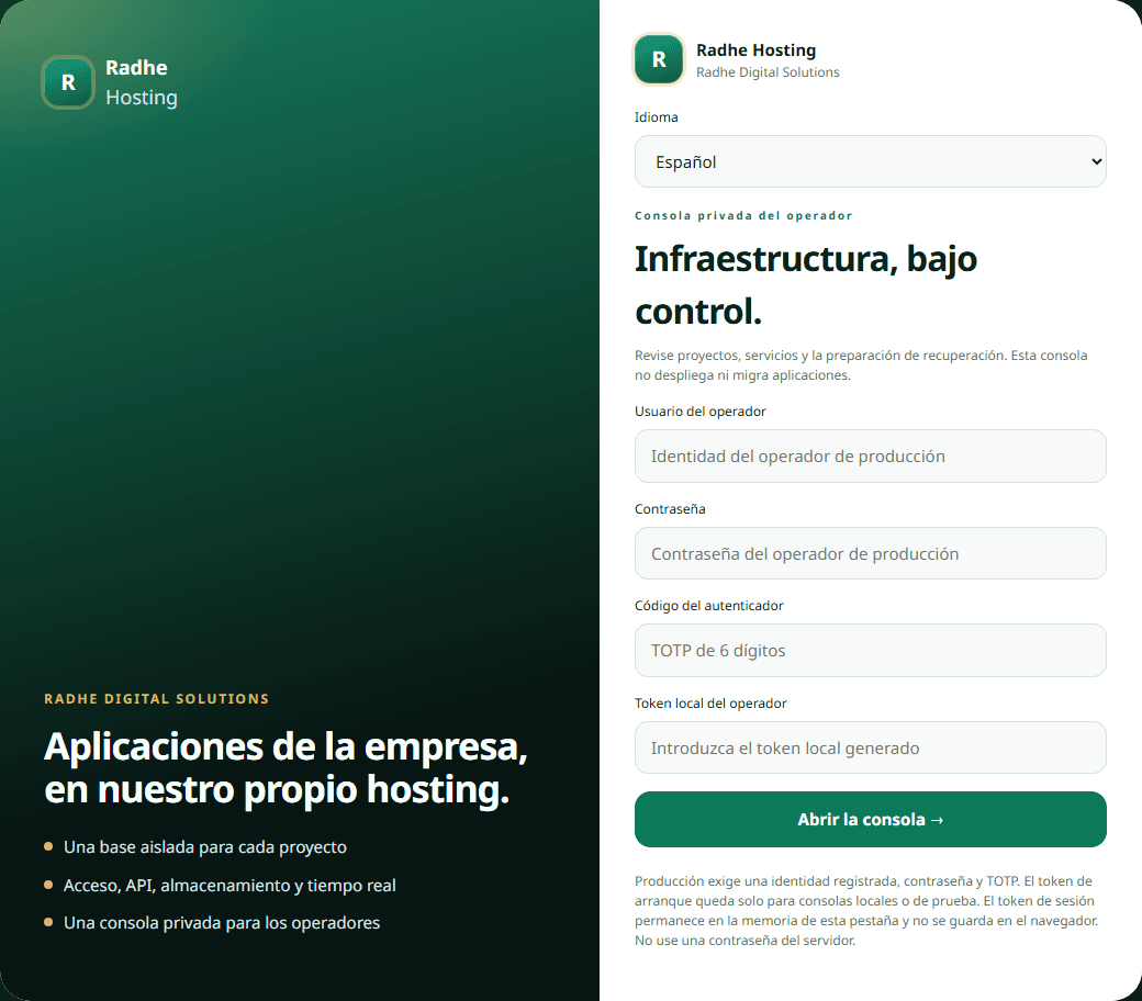 Acceso a la consola privada del operador de Radhe Hosting