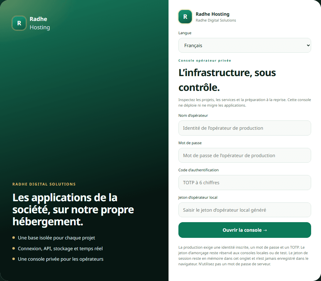 Connexion à la console opérateur privée de Radhe Hosting