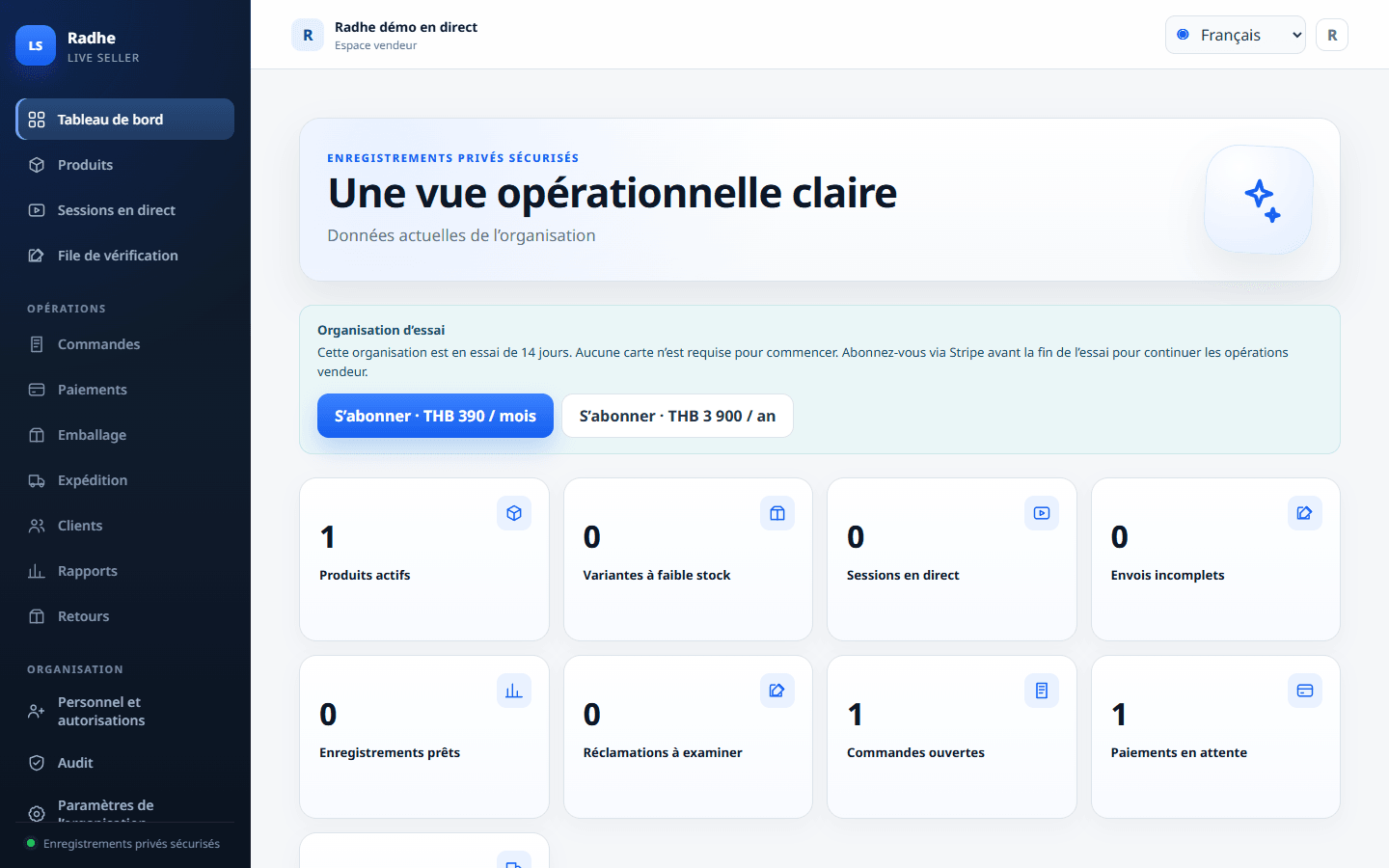 Tableau de bord Radhe Live Seller Solution