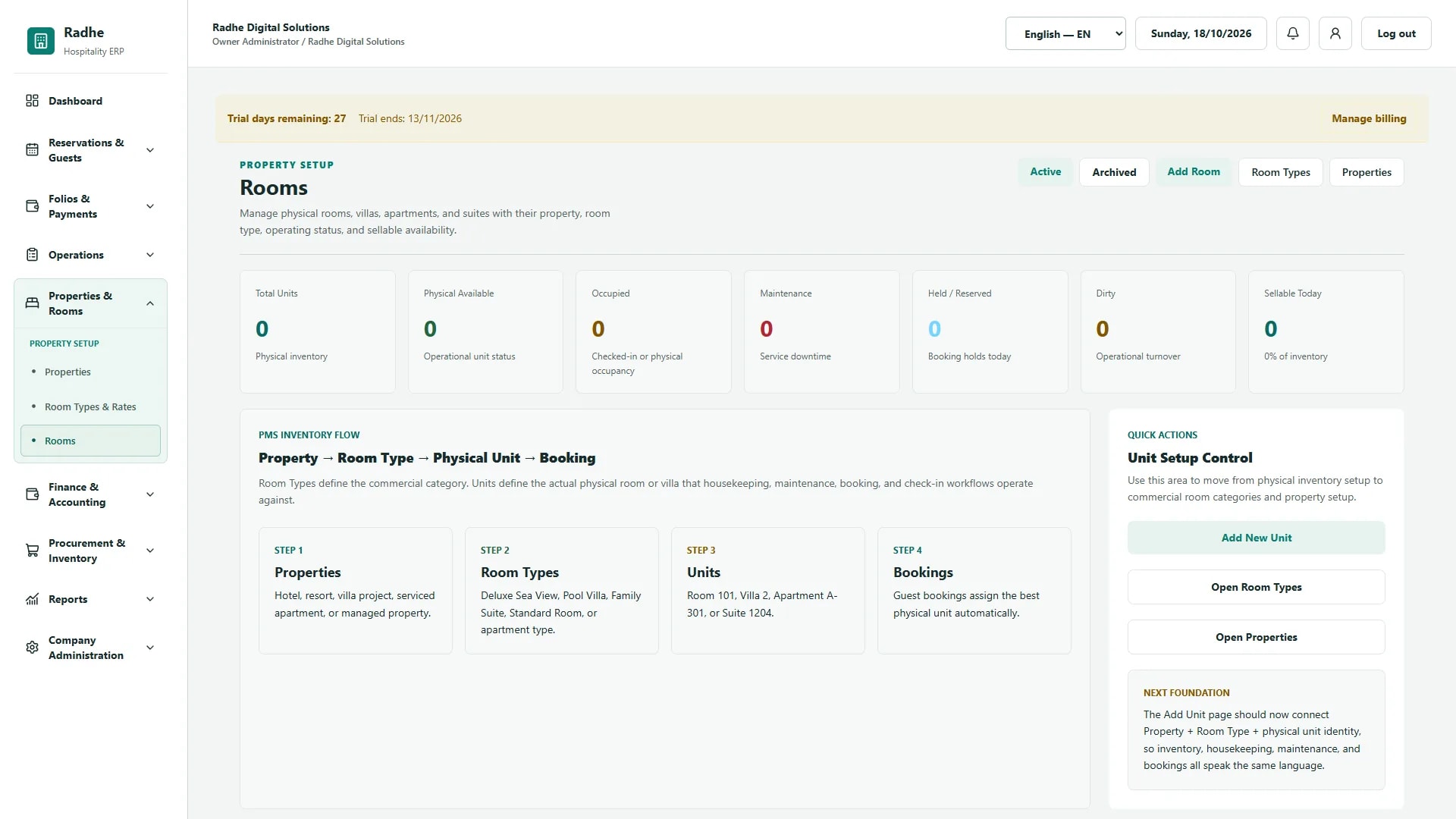 Radhe Hospitality ERP — Room operations (English interface)