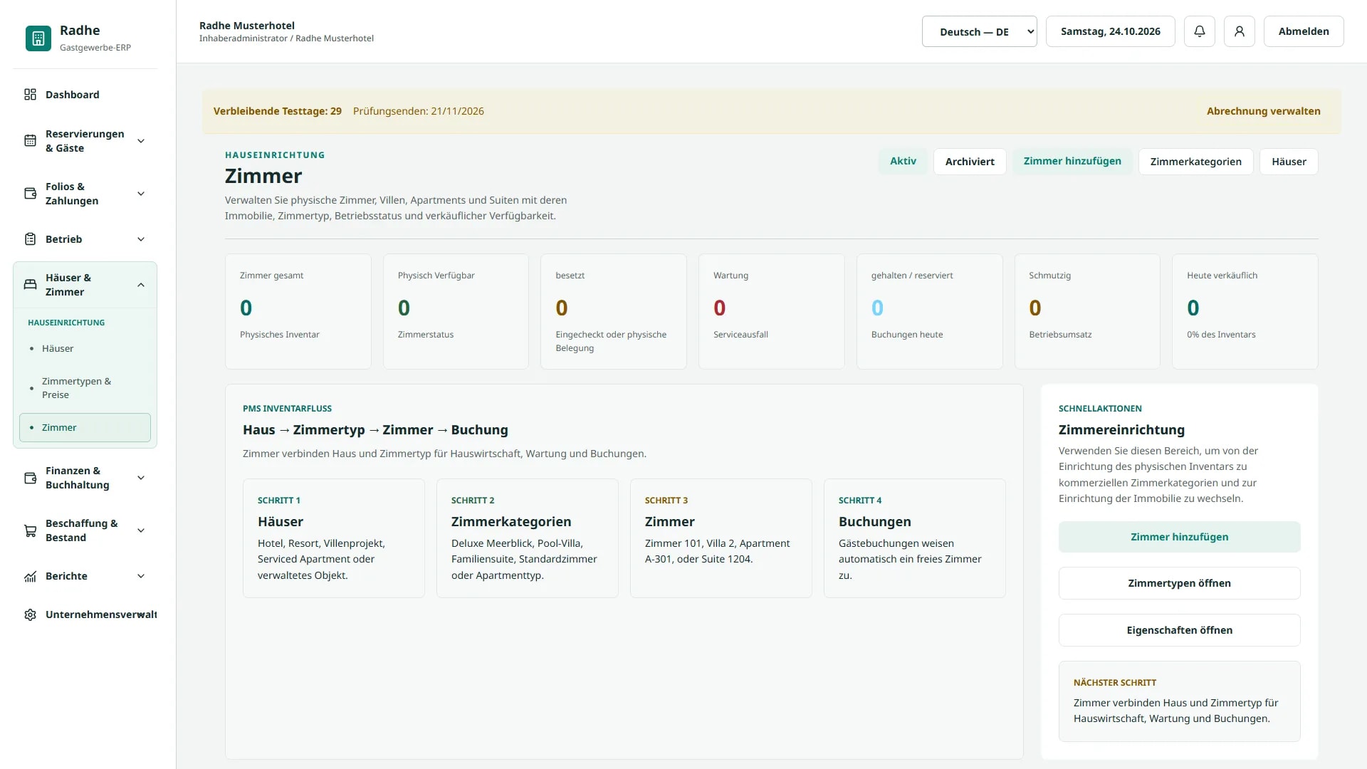 Radhe Hospitality ERP — Raumbetrieb (Deutsche Benutzeroberfläche)