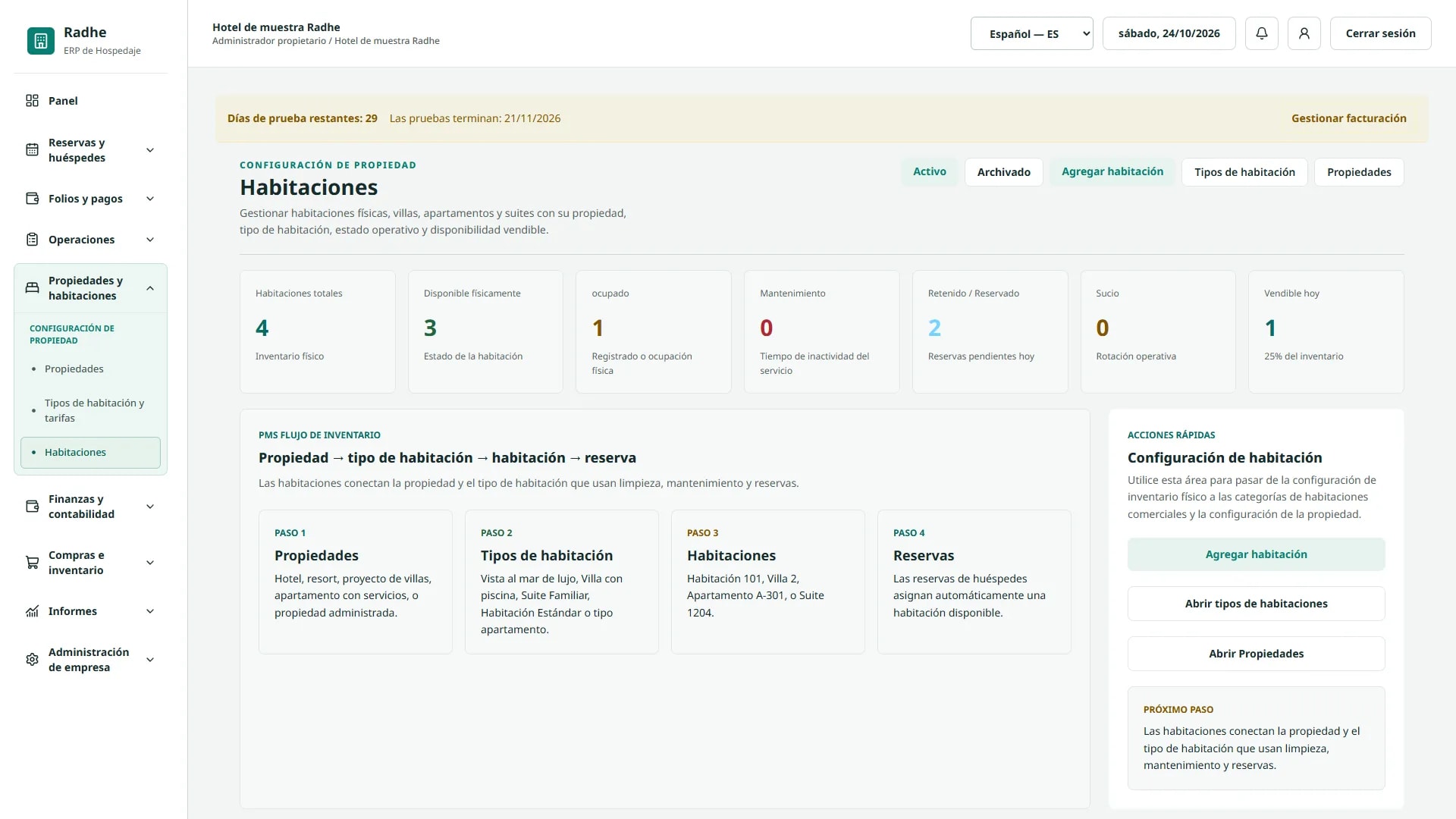Radhe Hospitality ERP — Operaciones de sala (Interfaz en español)