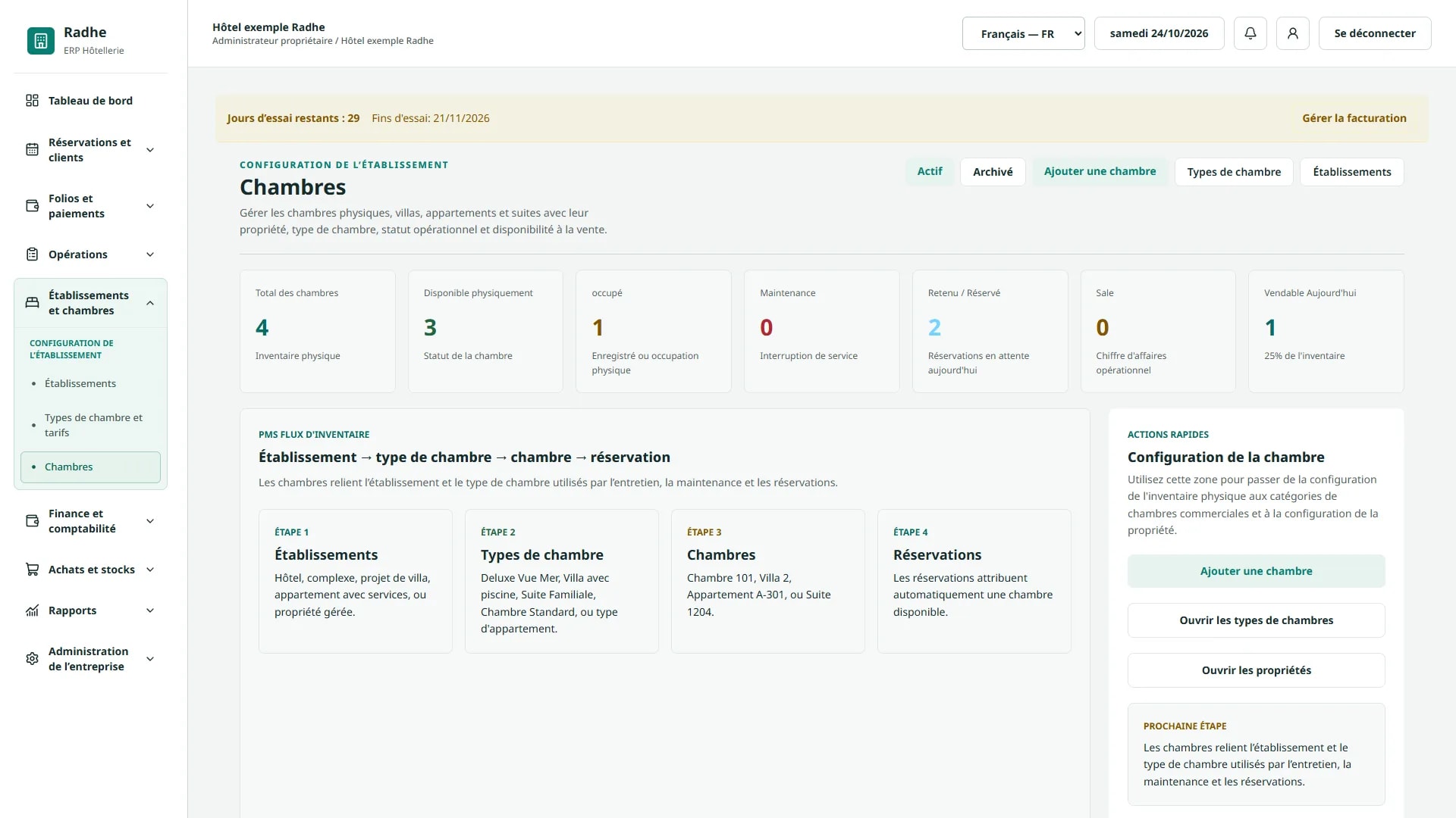 Radhe Hospitality ERP — Opérations en salle (Interface en français)