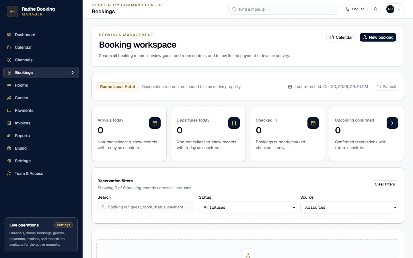 Radhe Booking Manager — Booking management (English interface)