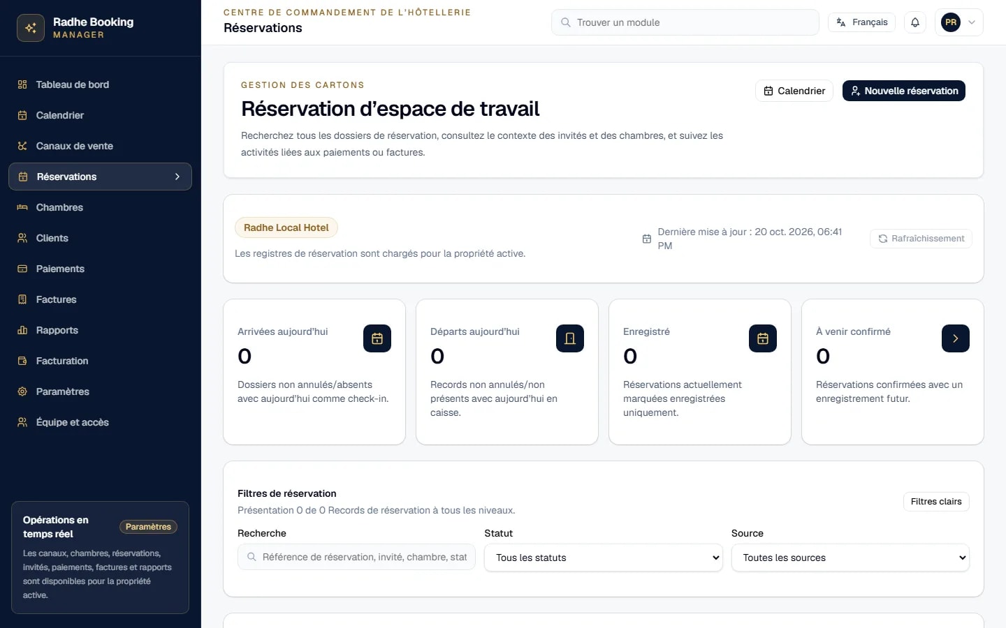 Radhe Booking Manager — Gestion des réservations (Interface en français)