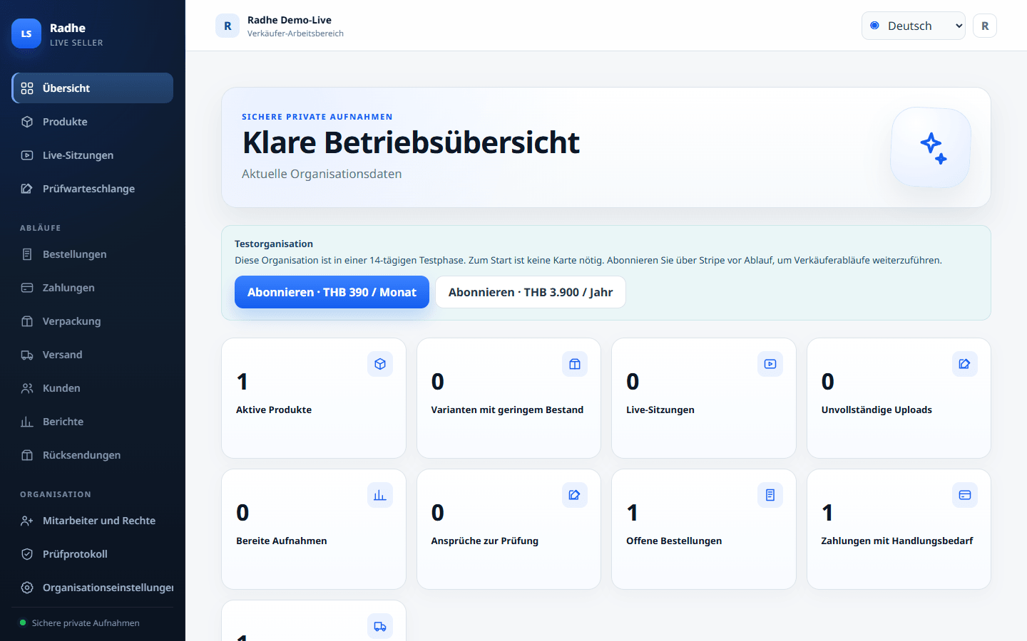 Dashboard von Radhe Live Seller Solution