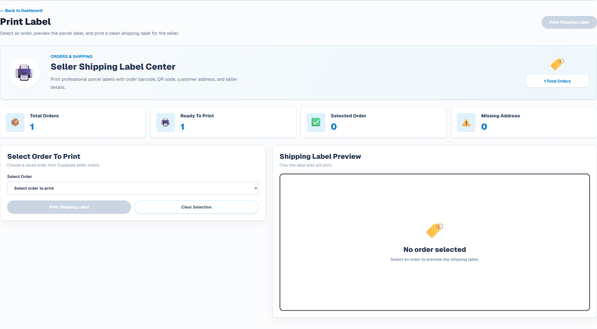 Shipping label (English interface). Save your shop name, phone and sender address in Settings. OCR labels, order labels and saved-label reprints use your shop details, separate from the recipient. Missing sender details require shop setup, not the software company identity.
