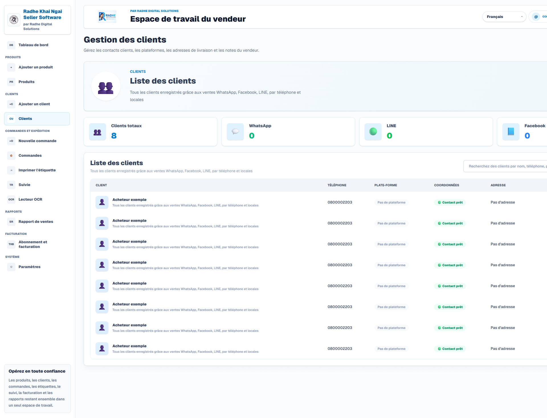 Gestion des clients (Interface en français). Écran authentique issu de la bibliothèque approuvée de l’application.