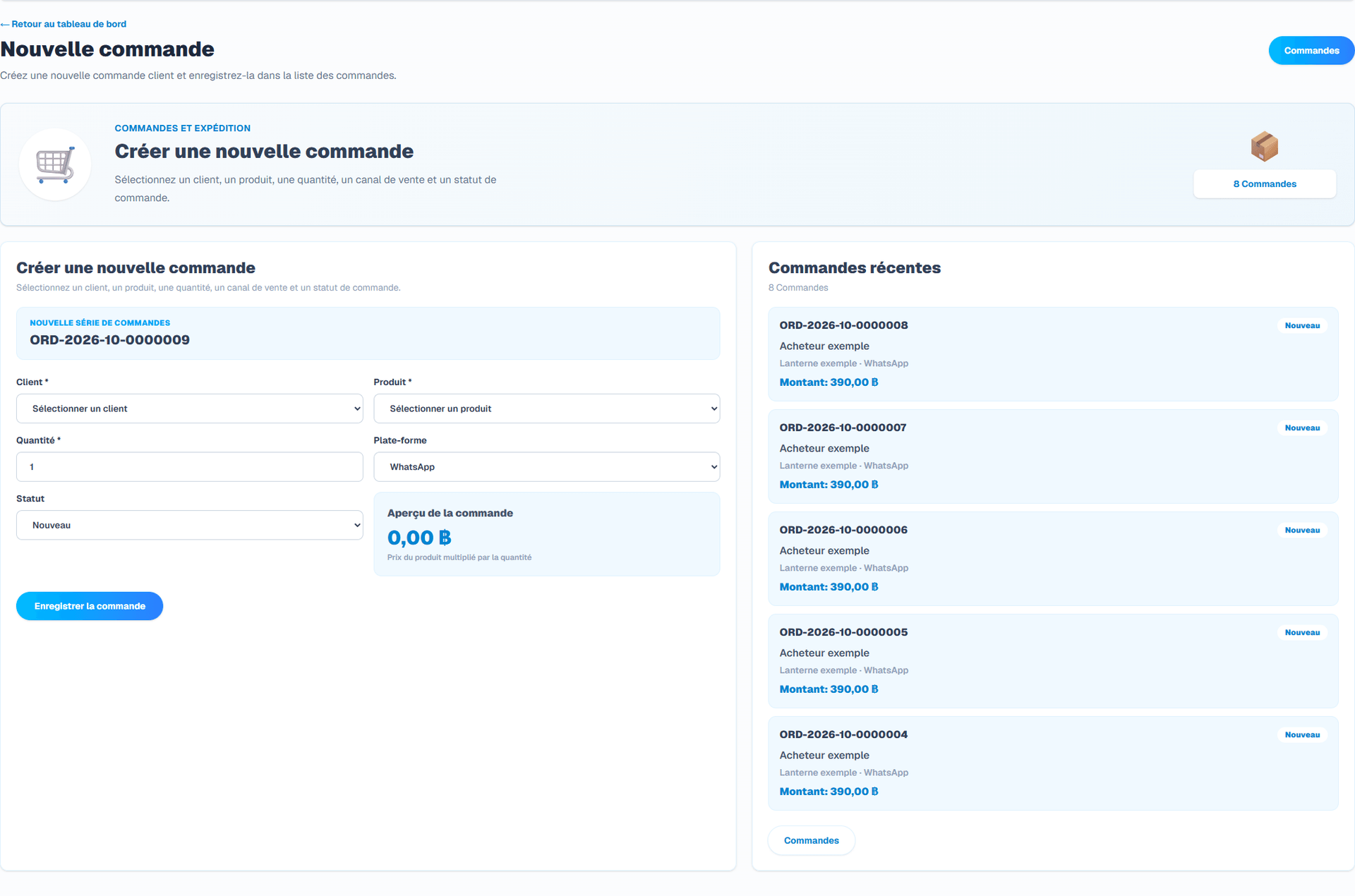 Créer une commande (Interface en français). Écran authentique issu de la bibliothèque approuvée de l’application.