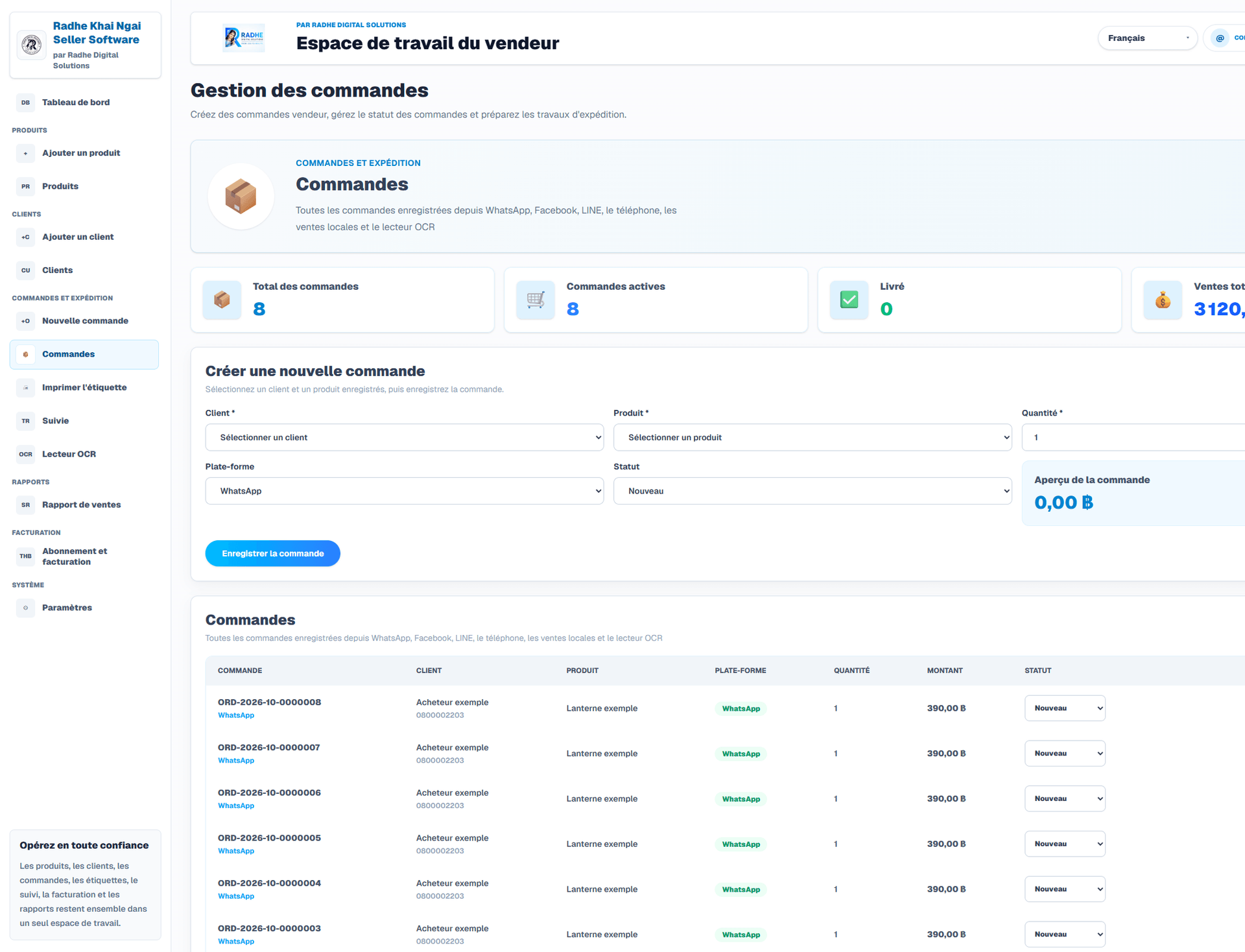 Gestion des commandes (Interface en français). Écran authentique issu de la bibliothèque approuvée de l’application.