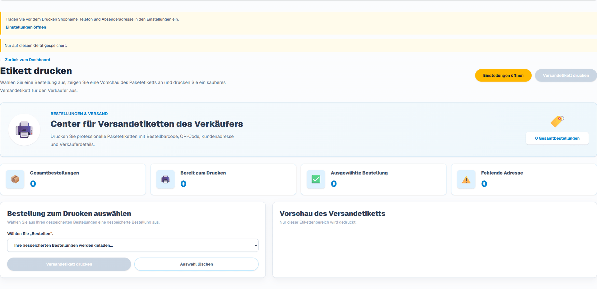 Versandetikett (Deutsche Benutzeroberfläche). Speichern Sie Shopname, Telefon und Absenderadresse in den Einstellungen. OCR-, Bestell- und erneut gedruckte gespeicherte Etiketten verwenden Ihre Shopdaten, getrennt vom Empfänger. Fehlende Absenderdaten erfordern die Shop-Einrichtung; die Softwarefirma wird nicht als Ersatz verwendet.