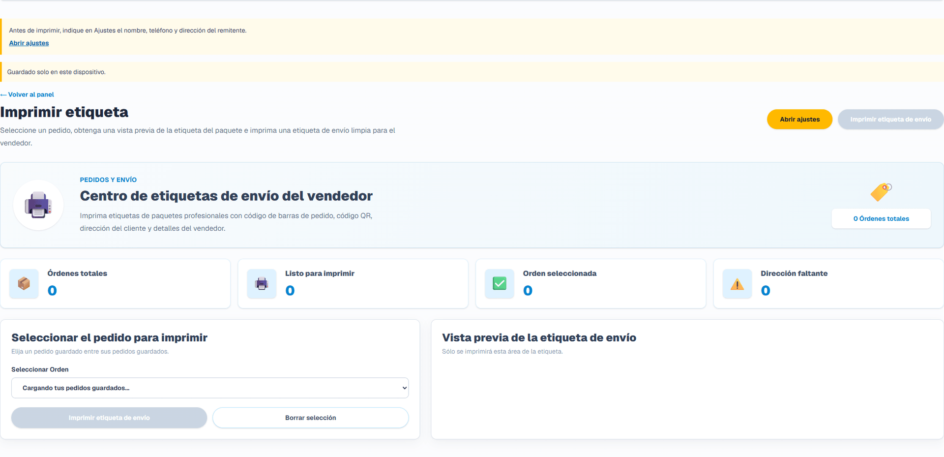 Etiqueta de envío (Interfaz en español). Guarde el nombre, teléfono y dirección de su tienda en Ajustes. Las etiquetas OCR, de pedidos y reimpresiones utilizan esos datos, separados del destinatario. Si faltan datos, debe configurar la tienda; no se sustituye por la identidad de la empresa de software.