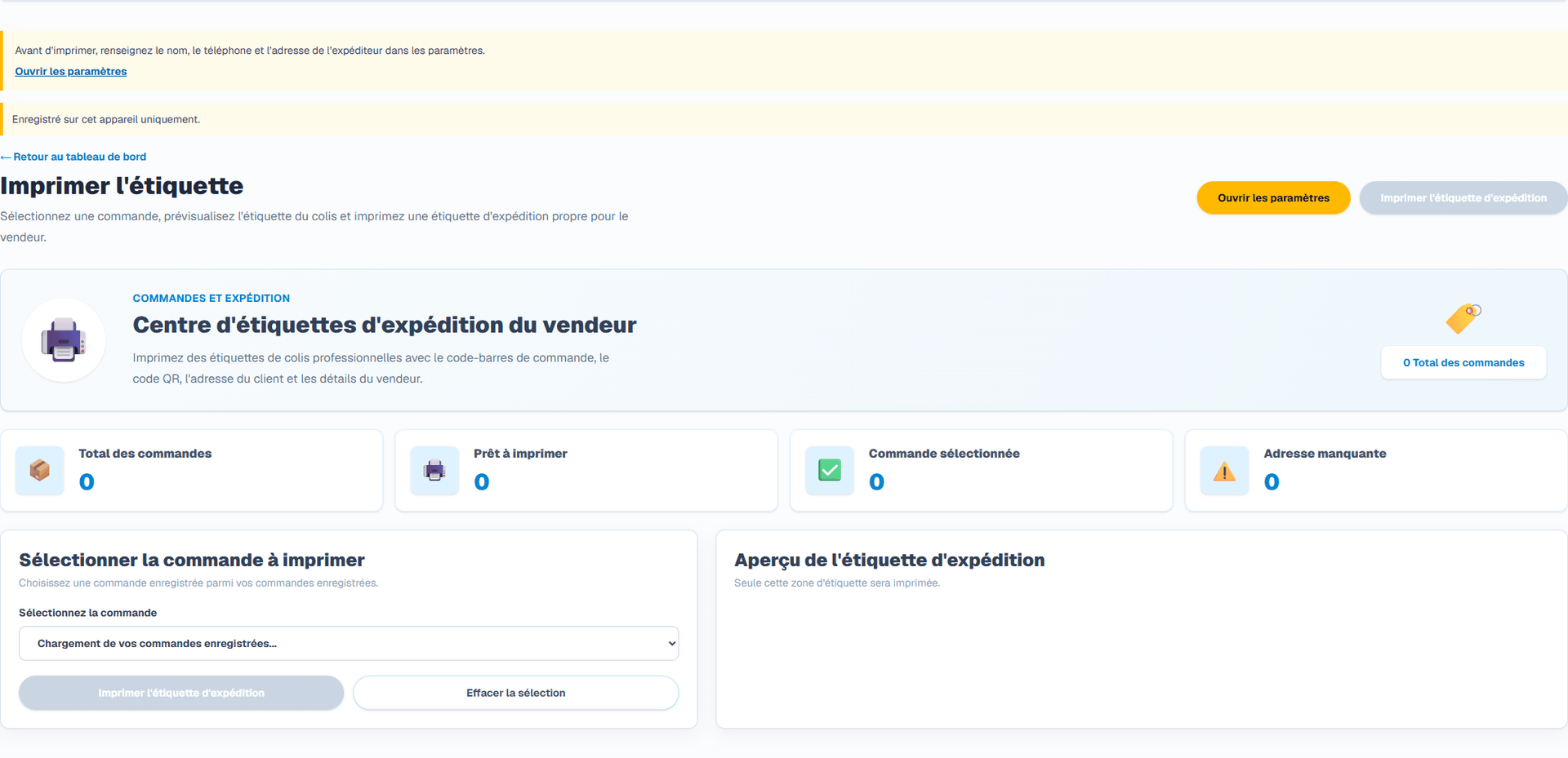 Étiquette d’expédition (Interface en français). Enregistrez le nom, le téléphone et l’adresse de votre boutique dans les paramètres. Les étiquettes OCR, de commande et réimprimées utilisent vos coordonnées, séparées du destinataire. Les informations manquantes exigent la configuration de la boutique, sans substitution par l’éditeur du logiciel.