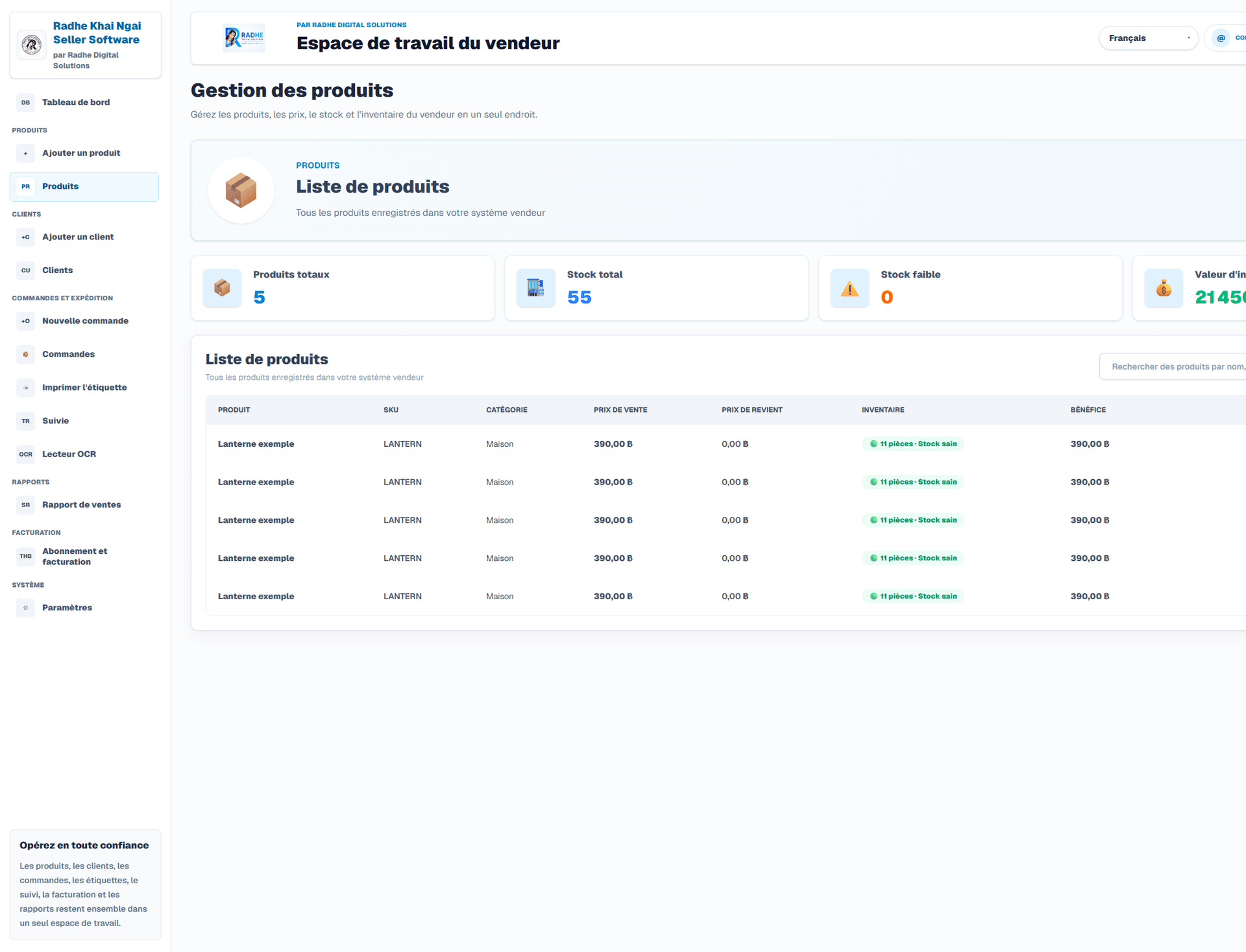 Gestion des produits (Interface en français). Écran authentique issu de la bibliothèque approuvée de l’application.