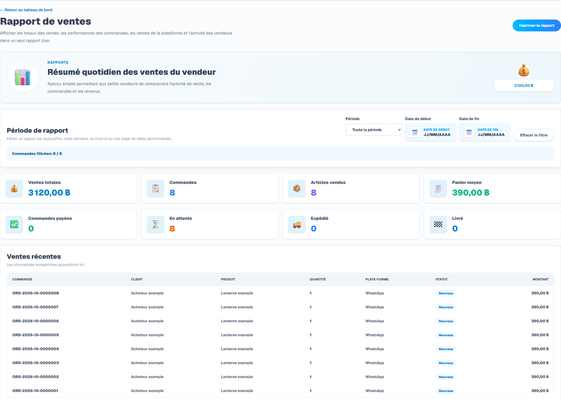 Rapport des ventes (Interface en français). Écran authentique issu de la bibliothèque approuvée de l’application.