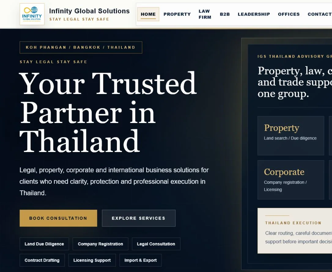 Screenshot der ausgelieferten IGS-Thailand-Website für Rechts-, Immobilien- und Unternehmensberatung