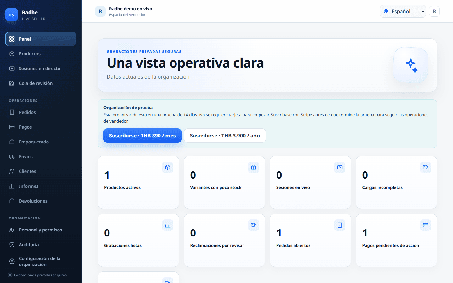 Tablero operativo: pedidos abiertos, revisión, listo para empacar, impago.