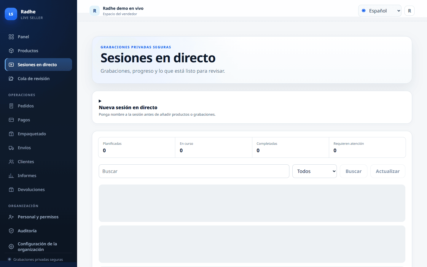 Sesiones en vivo es el lugar de carga. Iniciar carga segura mantiene la grabación propia privada en esa sesión.