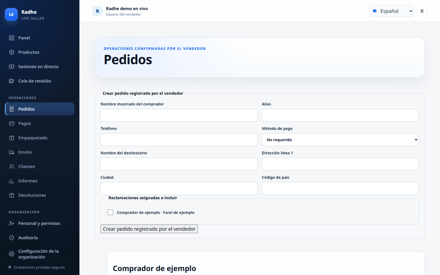Los pedidos muestran confirmado, impago, empacado y en lista de espera en una lista.
