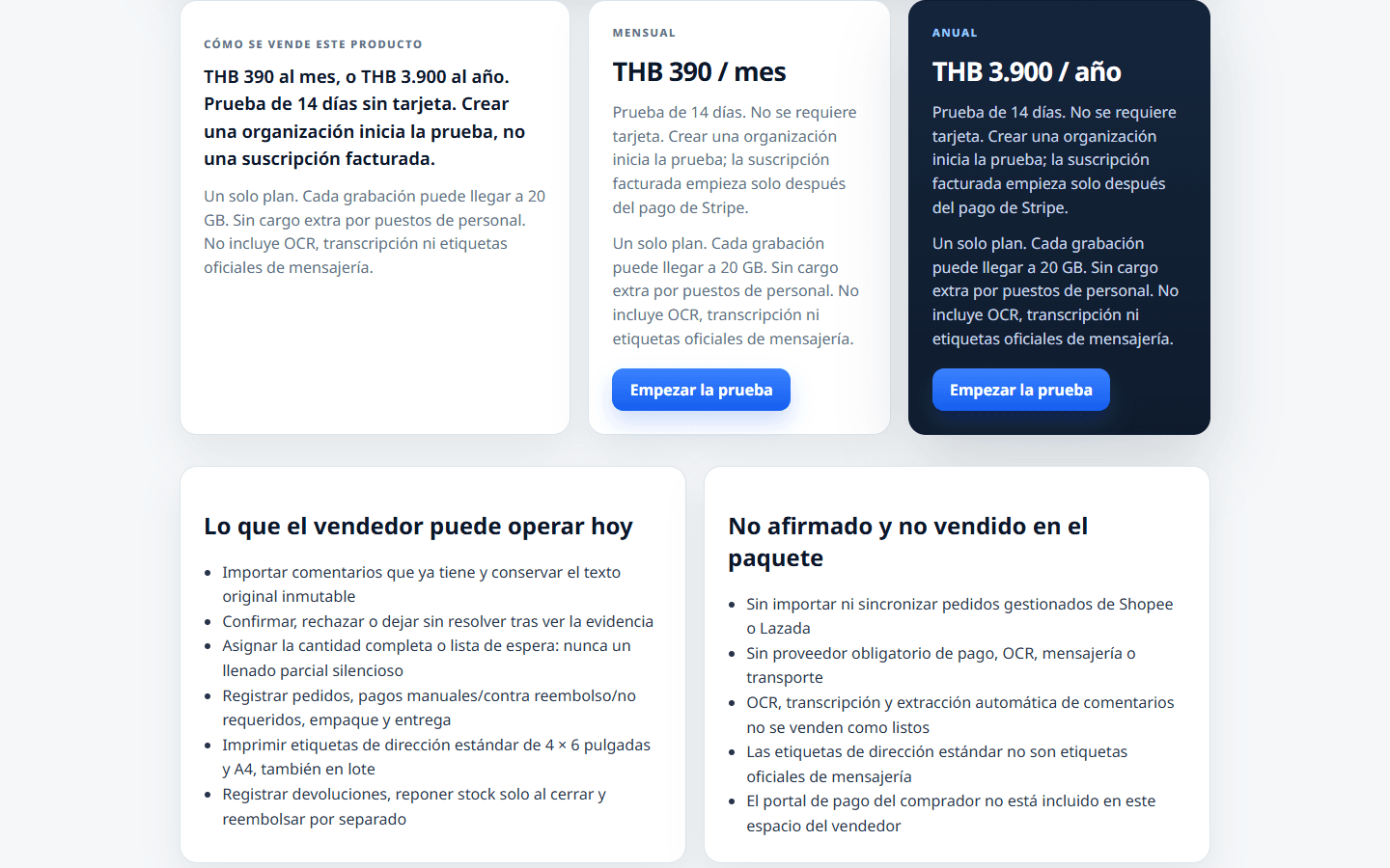 THB 390 / mes o THB 3.900 / año. Prueba de 14 días. Crear una organización no inicia una suscripción facturada.