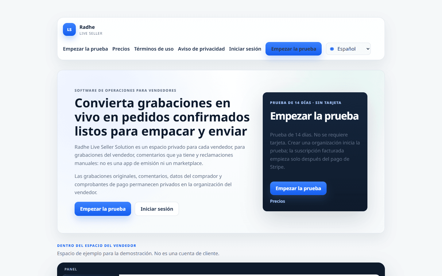 Inicio del producto con precios en vivo y una vista de tablero, catálogo y empaque de muestra.