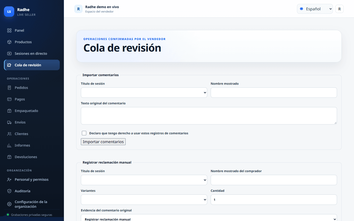 Cola de revisión junto al texto original del comentario. Confirma, rechaza o deja sin resolver.