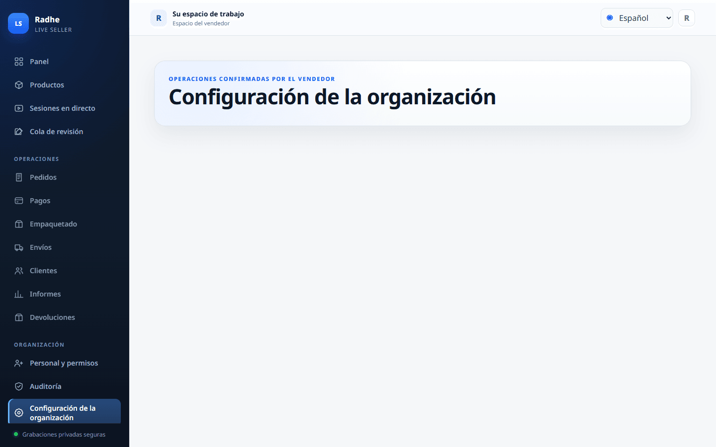 El idioma, la moneda y la zona horaria de la organización quedan en el espacio del vendedor.