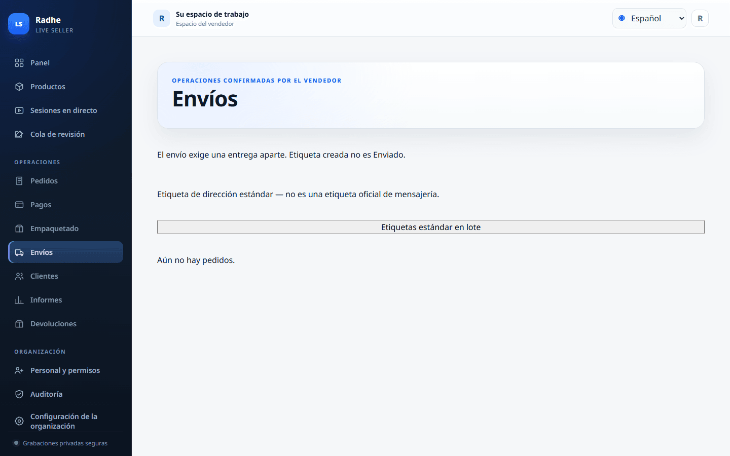 El envío es una entrega aparte. Etiqueta creada nunca es Enviado.