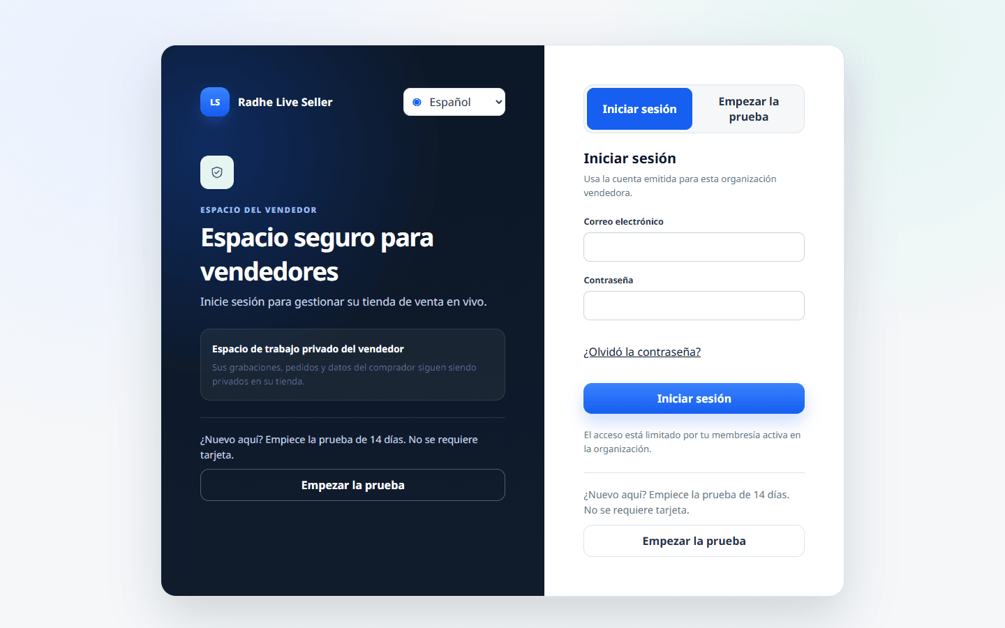 Inicio de sesión de la organización. Las sesiones quedan en la membresía activa.