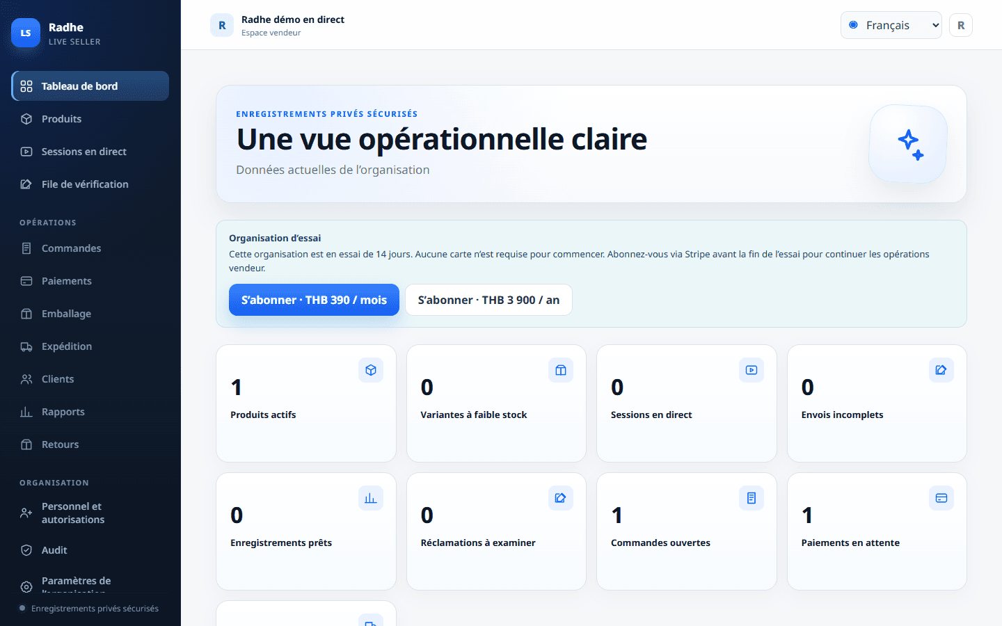 Tableau de bord opérationnel : commandes ouvertes, revue, prêt à emballer, impayé.