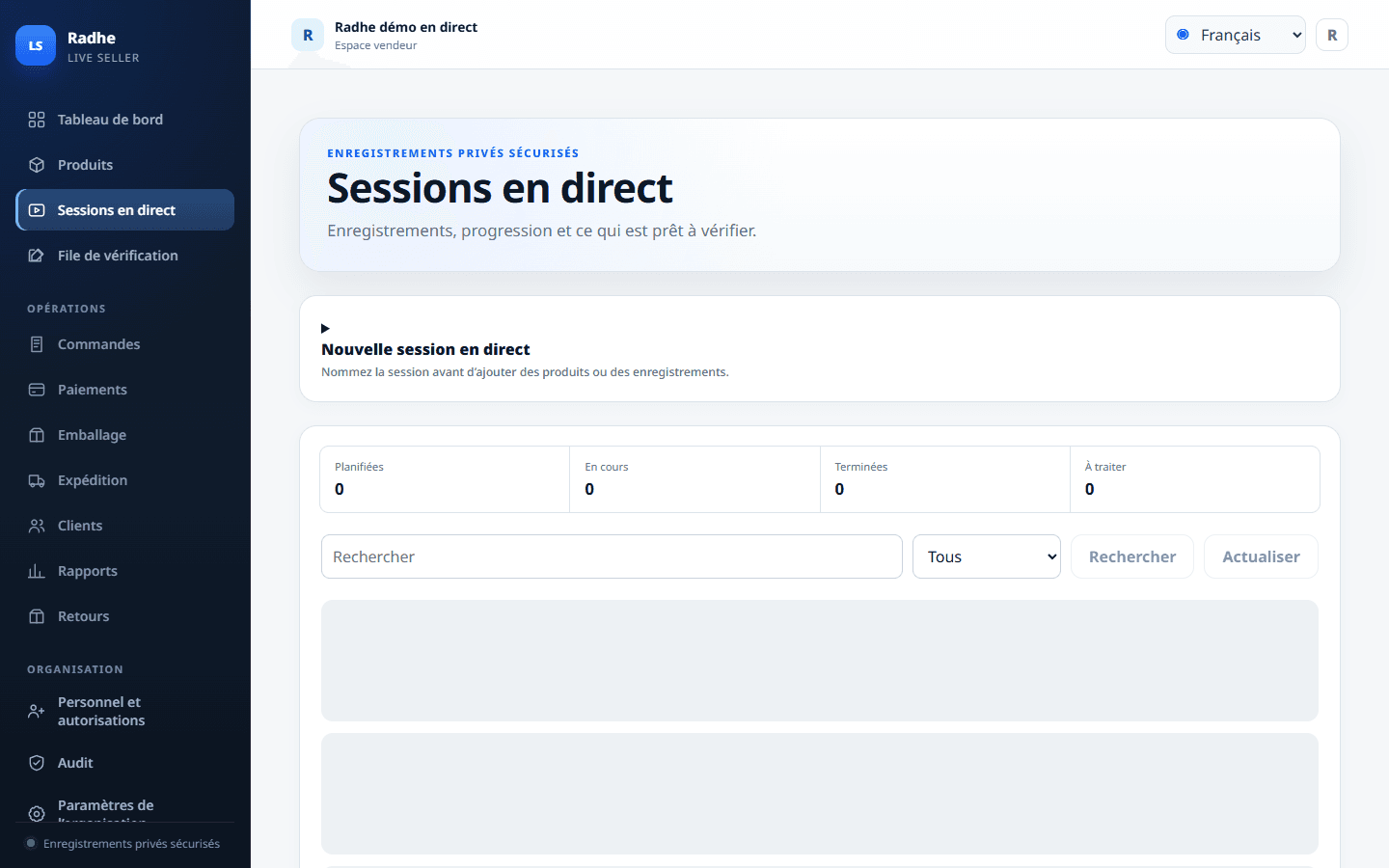 Sessions en direct est l’endroit d’envoi. Démarrer l’envoi sécurisé garde l’enregistrement détenu privé à cette session.