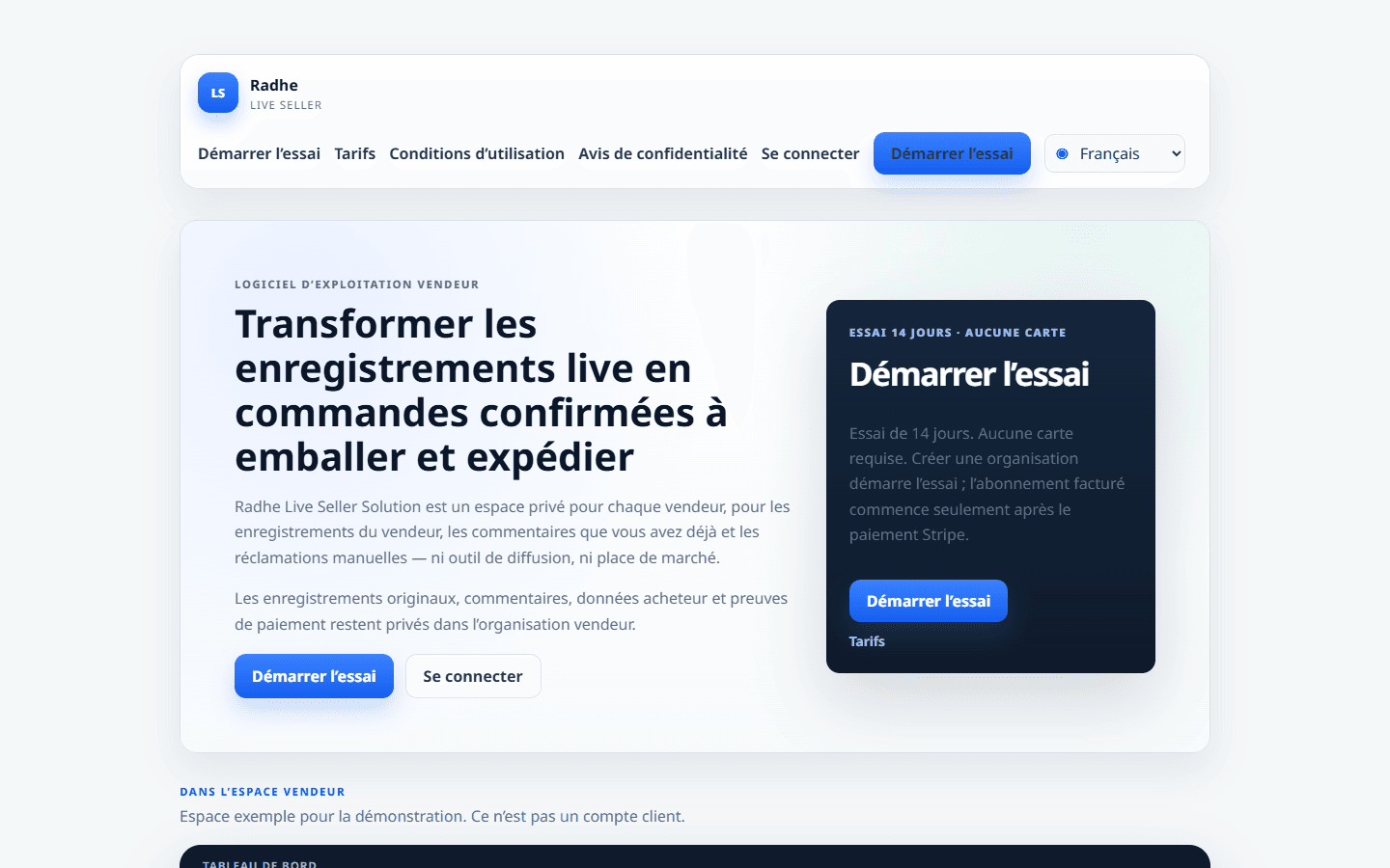 Accueil produit avec tarifs en direct et un aperçu tableau de bord, catalogue et emballage.